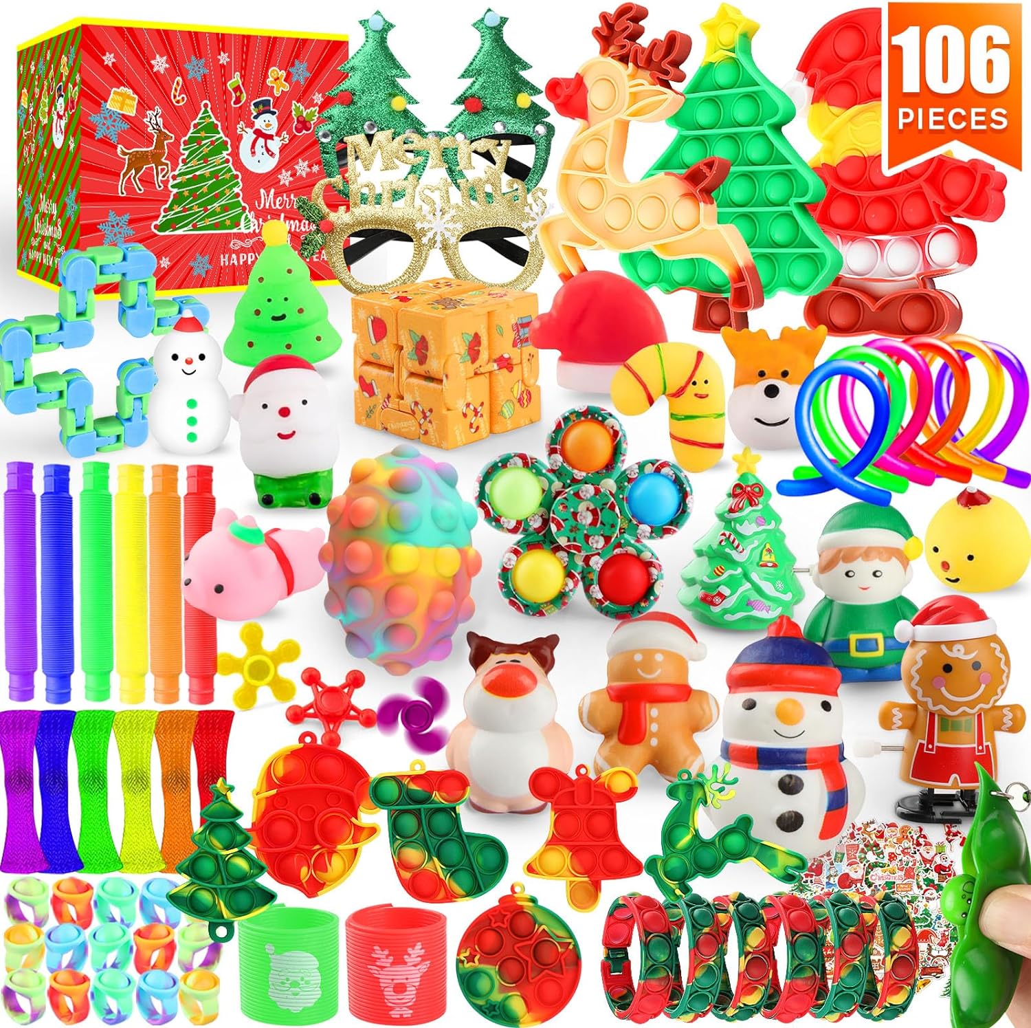 Fidget Toys Set, 106 Pack Christmas Party Favors Keychain Its for Kids Adults, Mini Push Bubble Pops Bulk Sensory Toys, Birthday Gifts Classroom Prizes for Boys Girls Goodie Bag Treasure Chest Box