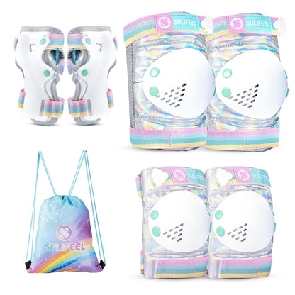 SULIFEEL Rainbow Unicorn Knee Pads for Kids Knee Elbow Pads Wrist Guards with Drawstring Bag Adjustable Protective Gear Set for Girls Boys Roller Skating Bike Cycling Skateboard Scooter Shiny Small