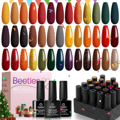 beetles Gel Polish Nail Set 20 Colors Cozy Campfire Collection Orange Yellow Green Brown Gel Polish Set Soak Off Uv Lamp Need Base Glossy & Matte Top Coat Manicure Kit for Girls Women Christmas Gift