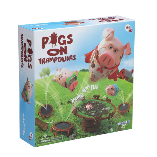 Pigs on Trampolines - Family Game - Skill & Action - Bounce Pigs into Mud - 2 to 3 Players - for Ages 6+