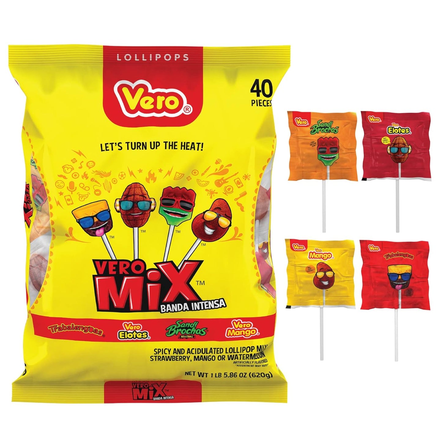 Vero Banda Fuego Mix Assorted Chili Lollipops, Artificially Flavored, Net Wt. 21.86 Ounces, 40 Count Bag