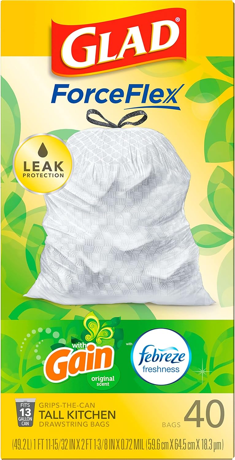 Glad ForceFlex Tall Kitchen Drawstring Trash Bags, 13 Gallon, Gain Original with Febreze 40 Ct