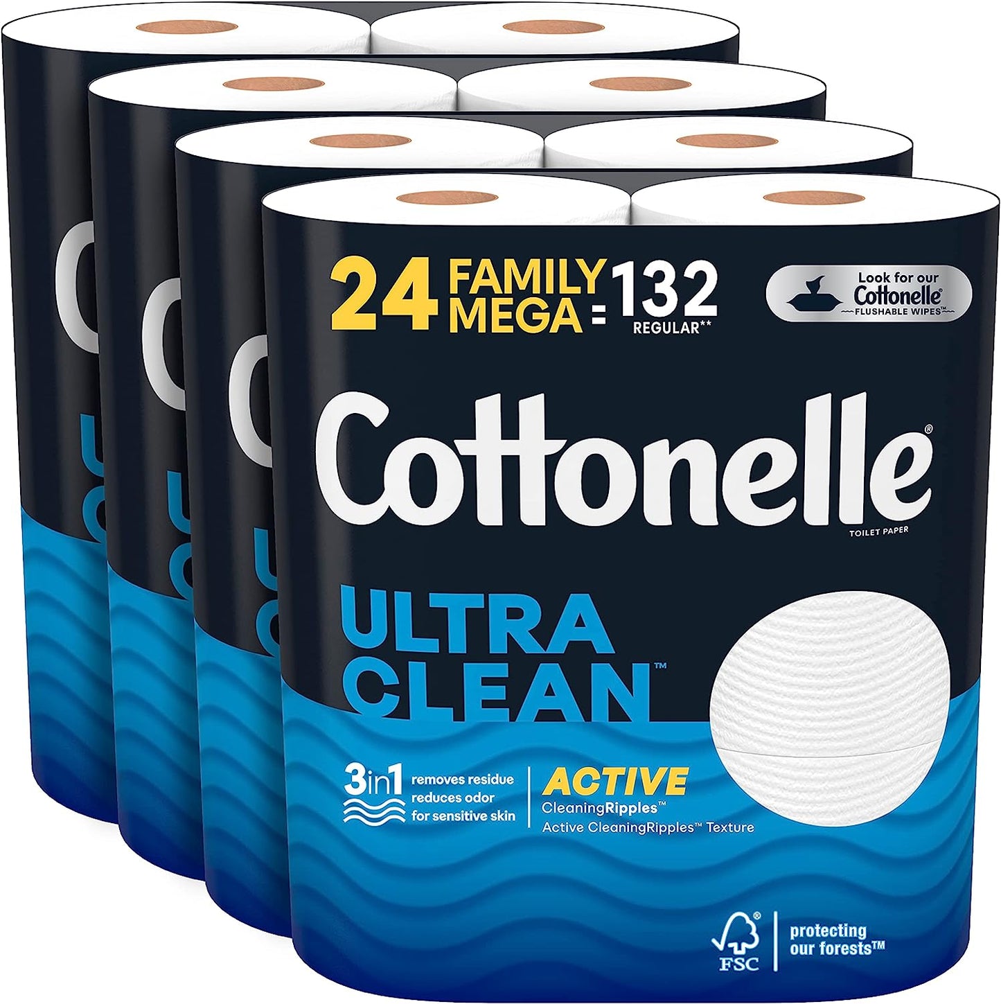 Cottonelle Ultra Clean Toilet Paper with Active CleaningRipples, 1-Ply, 24 Family Mega Rolls (4 Packs of 6) (24 Family Mega Rolls = 132 Regular Rolls), 388 Sheets per Roll, Packaging May Vary