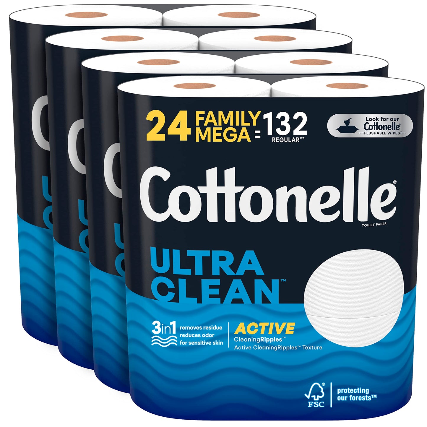 Cottonelle Ultra Clean Toilet Paper with Active CleaningRipples, 1-Ply, 24 Family Mega Rolls (4 Packs of 6) (24 Family Mega Rolls = 132 Regular Rolls), 388 Sheets per Roll, Packaging May Vary