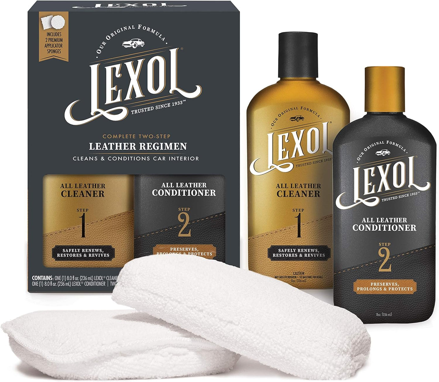 Lexol Leather Conditioner and Leather Cleaner Kit, Use on Car Leather, Furniture, Shoes, Bags, and Accessories, Trusted Leather Care Since 1933, 8 oz Bottles, Includes Two Application Sponges, Black.