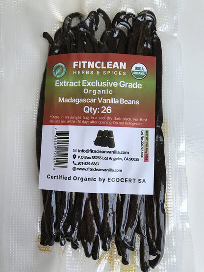 26 Organic Madagascar Vanilla Beans Extract Exclusive Grade B| 4.5" - 5.5" by FITNCLEAN VANILLA| Certified USDA Organic. Bulk Dry Whole Bourbon NON-GMO Pods