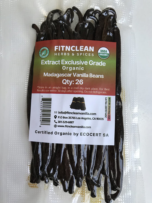 26 Organic Madagascar Vanilla Beans Extract Exclusive Grade B| 4.5" - 5.5" by FITNCLEAN VANILLA| Certified USDA Organic. Bulk Dry Whole Bourbon NON-GMO Pods