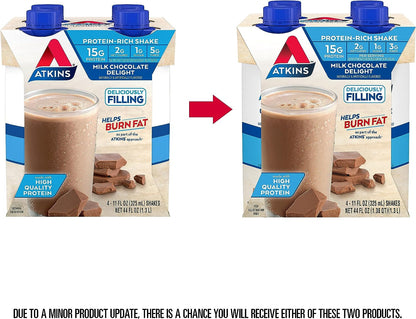 Atkins Milk Chocolate Delight Protein Shake, 15g Protein, Low Glycemic, 2g Net Carb, 1g Sugar, Keto Friendly, 12 Count