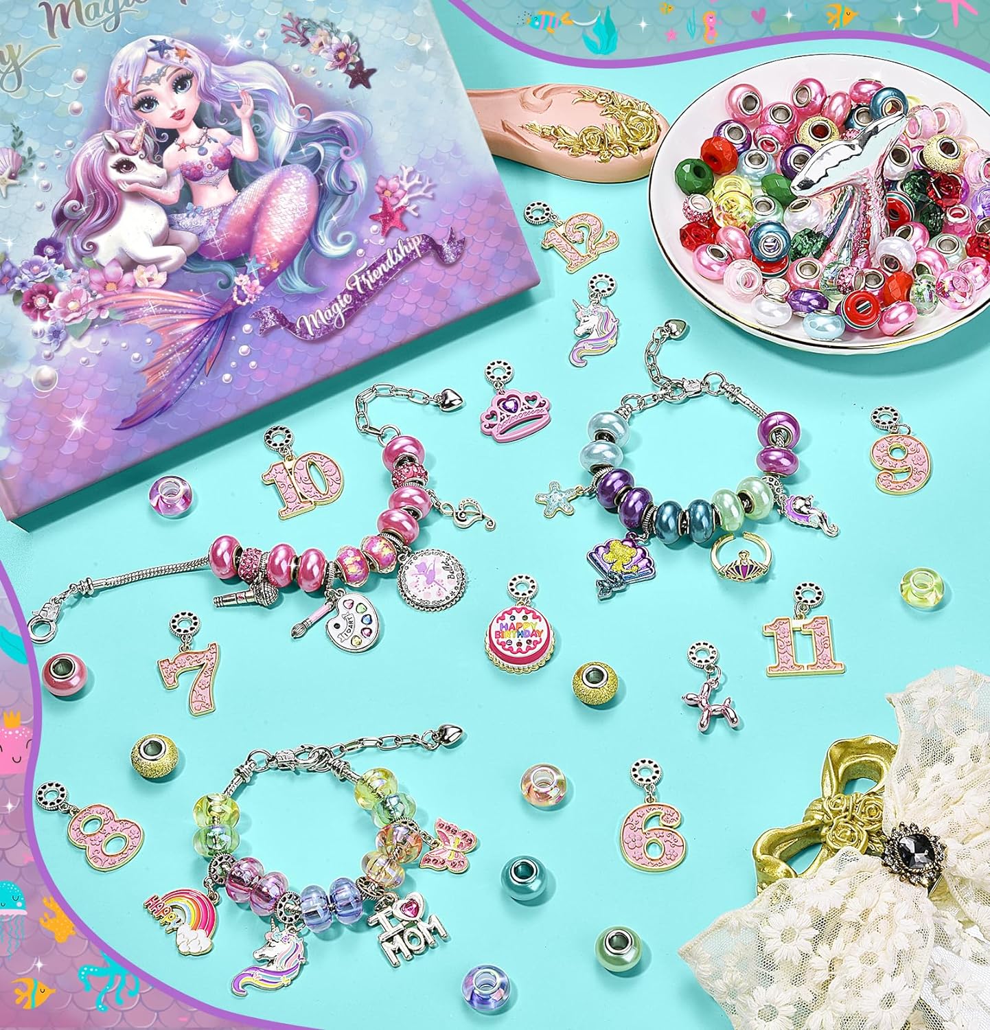 BDBKYWY Charm Bracelet Making Kit & Unicorn/Mermaid Girl Toy- ideal Crafts for Ages 8-12 Girls who Inspire Imagination and Create Magic with Art Set and Jewelry Making Kit