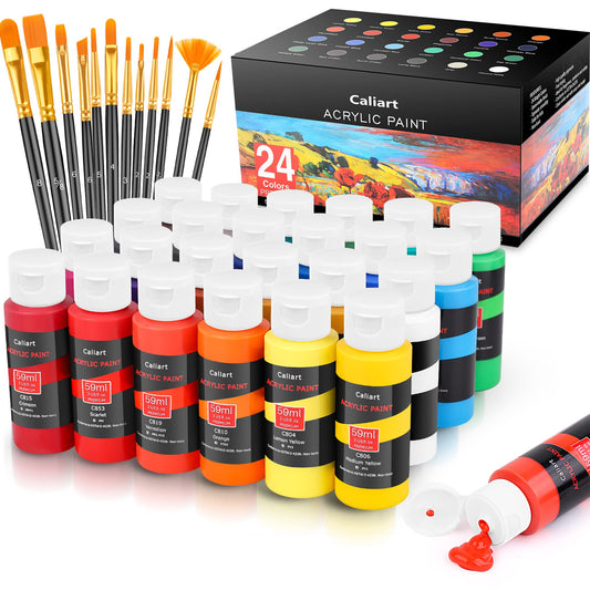 Caliart Acrylic Paint Set With 12 Brushes, 24 Colors (59ml, 2oz) Art Craft Paints Gifts for Artists Kids Beginners & Painters, Halloween Pumpkin Canvas Ceramic Rock Painting Kit Art Supplies