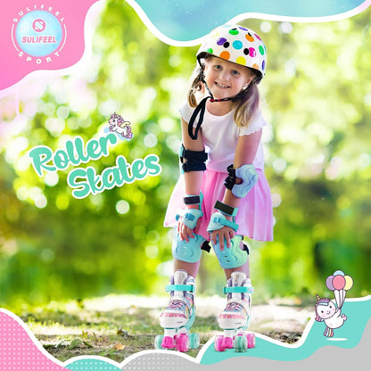 SULIFEEL Rainbow Unicorn 4 Size Adjustable Light up Roller Skates for Girls Boys for Kids