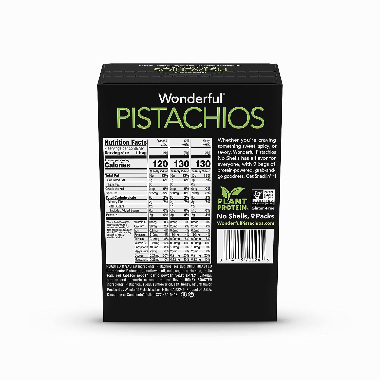 Wonderful Pistachios No Shells, 3 Flavors Mixed Variety Pack of 9 (0.75 Ounce), Roasted & Salted Nuts (4), Chili Roasted (3), Honey Roasted (2), Protein Snack, On-the Go Snack
