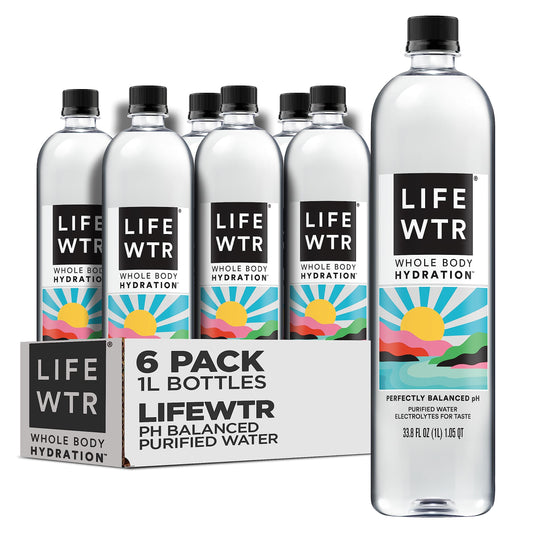 LIFEWTR Premium Purified Water, pH Balanced with Electrolytes, 100% recycled plastic bottles, 33.8 Fl Oz, 1L (Pack of 6)