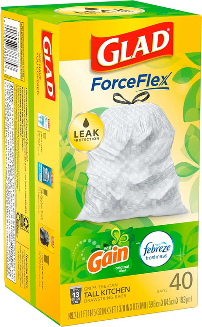 Glad ForceFlex Tall Kitchen Drawstring Trash Bags, 13 Gallon, Gain Original with Febreze 40 Ct