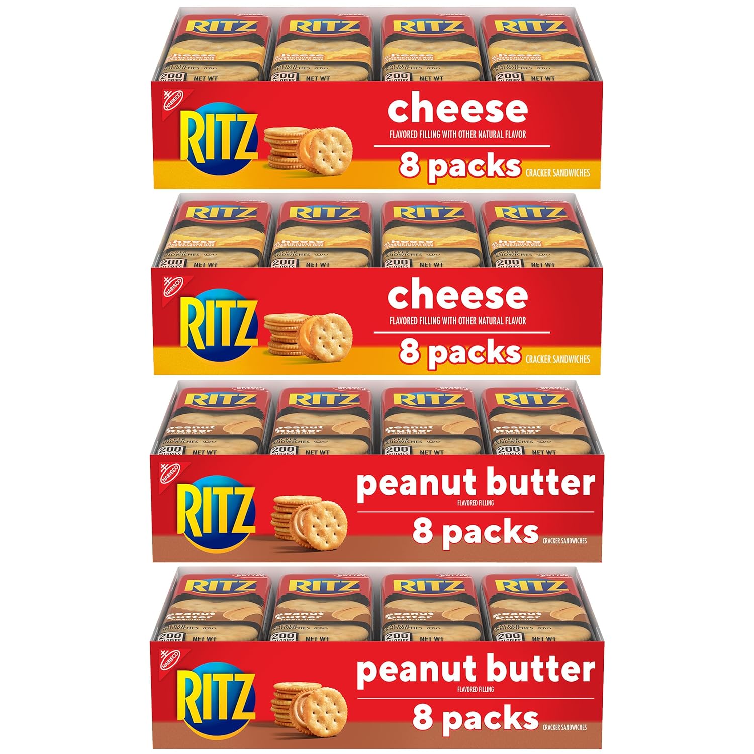 RITZ Peanut Butter Sandwich Cracker Snacks and Cheese Sandwich Crackers, Snack Crackers Variety Pack, 32 Snack Packs (6 Crackers Per Pack)