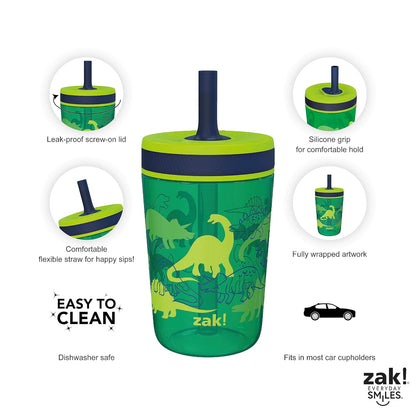 Zak Designs Kelso 15 oz Tumbler Set, (Dino Camo) Non-BPA Leak-Proof Screw-On Lid with Straw Made of Durable Plastic and Silicone, Perfect Baby Cup Bundle for Kids (2pc Set)