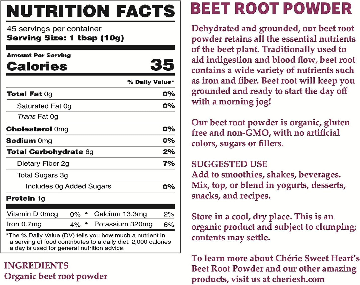 Organic Beet Root Powder (1 LB) by Chérie Sweet Heart, Raw & Non-GMO