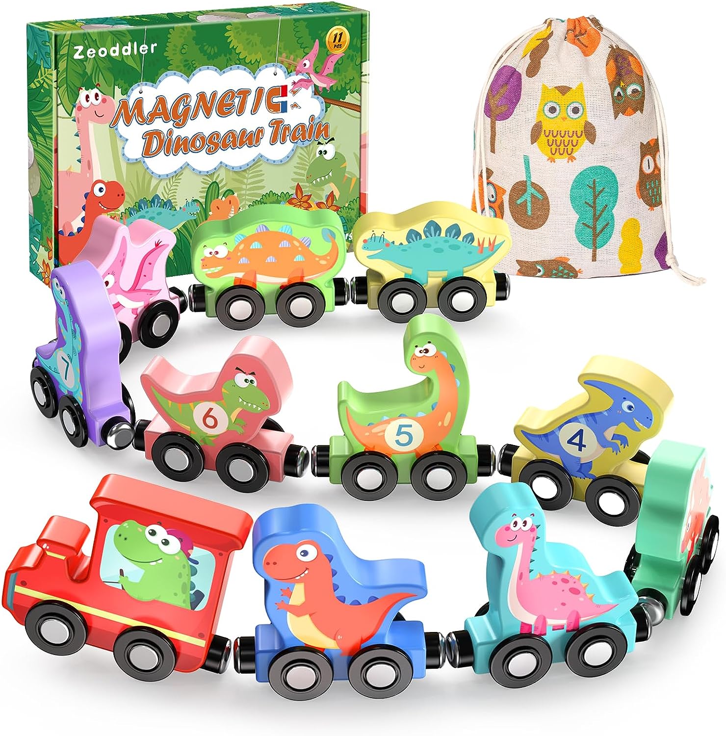 Zeoddler Toys for Toddlers, 11 PCS Magnetic Wooden Dinosaur Train Set, Montessori Toys for Toddlers, Preschool Educational Material for Kids, Birthday Gifts for Boys, Girls