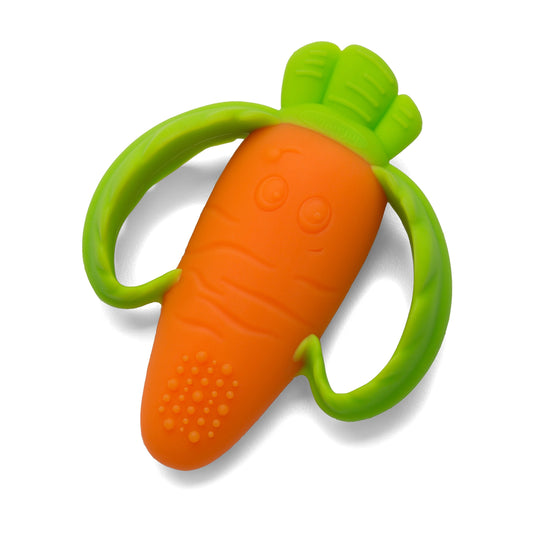 Infantino Lil' Nibbles Textured Silicone Baby Teether - Sensory Exploration and Teething Relief with Easy to Hold Handles, Orange Carrot, 0+ Months