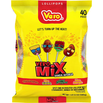 Vero Banda Fuego Mix Assorted Chili Lollipops, Artificially Flavored, Net Wt. 20.5 Ounces, 40 Count Bag