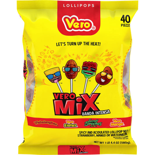 Vero Banda Fuego Mix Assorted Chili Lollipops, Artificially Flavored, Net Wt. 20.5 Ounces, 40 Count Bag