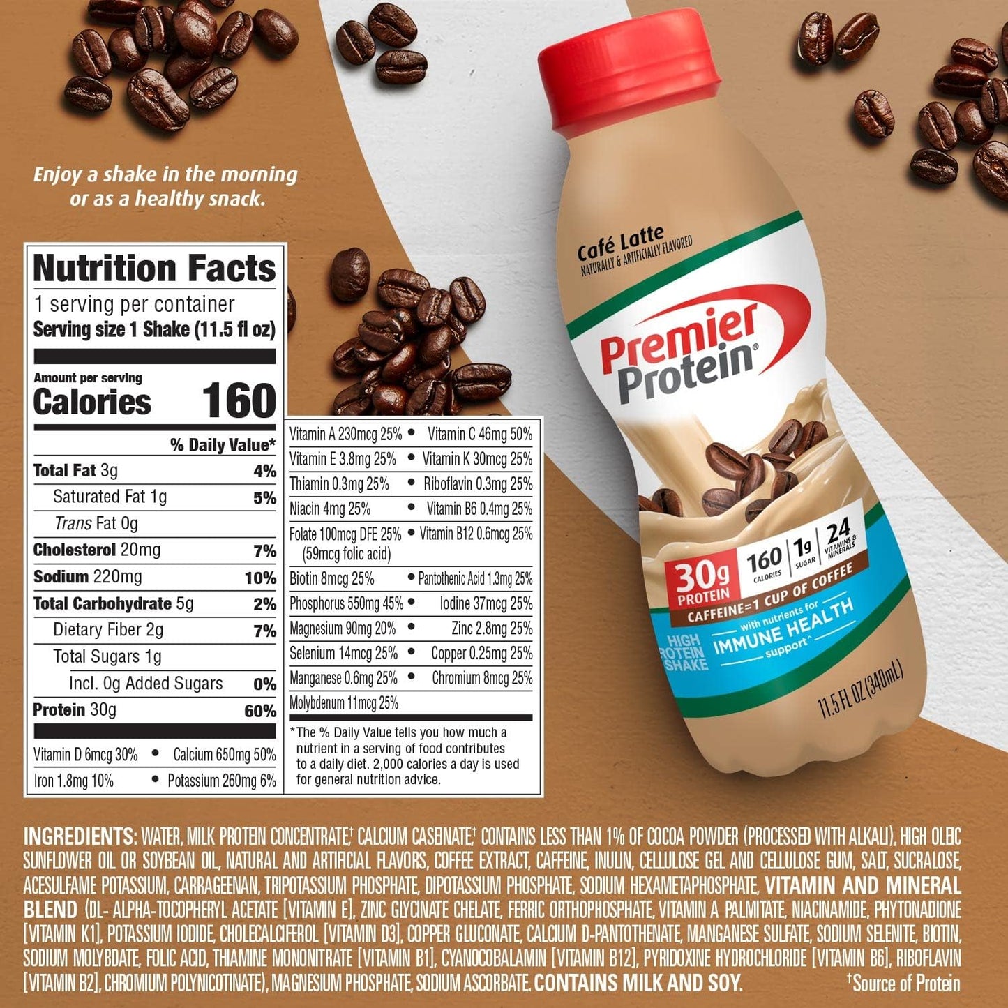 Premier Protein Shake, Café Latte Liquid, 30g Protein, 1g Sugar, 24 Vitamins & Minerals, Nutrients to Support Immune Health, gluten free, 11.5 fl oz Bottle, 12 Pack