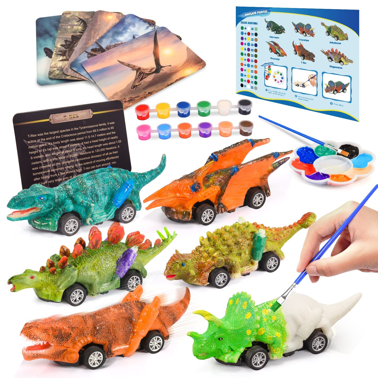 faentwc Dinosaur Toys for Kids 3-12 Year Old 2 in 1 Dinosaurs Painting Kits and Pull Back Cars Toy for Boys 5-7 Arts and Crafts Set for Girl DIY Birthday for Kid Age 4 5 6 7 8 9 10