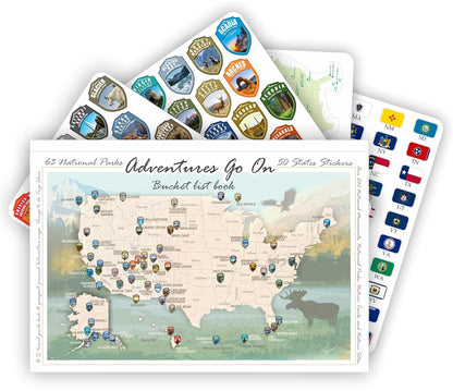 Adventures Go On. The book 2024 (170 pages) is a guide to the National Parks of the United States of America with complete stickers for all 63 US National Parks.