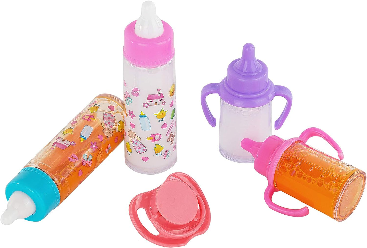 fash n kolor®, My Sweet Baby Disappearing Doll Feeding Set | Baby Care 6 Piece Doll Feeding Set for Toy Stroller | 2 Milk & Juice Bottles with 2 Toy Pacifier for Baby Doll,