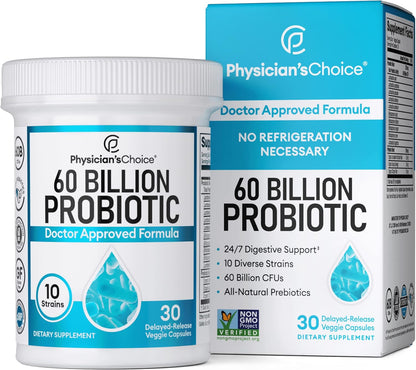 Physician's CHOICE Probiotics 60 Billion CFU - 10 Strains + Organic Prebiotics - Digestive & Gut Health - Supports Occasional Constipation, Diarrhea, Gas & Bloating - For Women & Men - 30ct