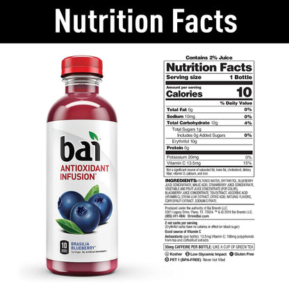 Bai Flavored Water, Safari Variety Pack, Antioxidant Infused Drinks, 3 Each of Brasilia Blueberry, Costa Rica Clementine, Malawi Mango, Zambia Bing Cherry,18 Fl Oz Bottles (Pack of 12)