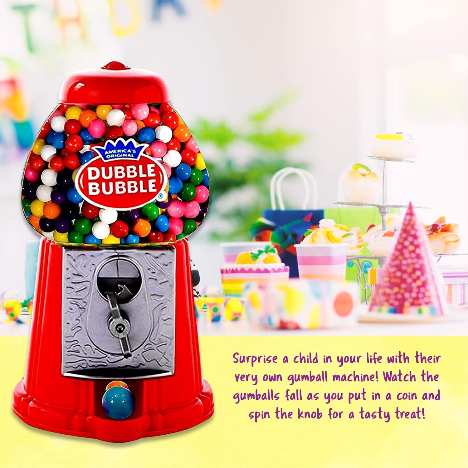 Gumball Machine for Kids 8.5" - Coin Operated Toy Bank - Dubble Bubble Red Gum Machine Classic Red Style Includes 45 Gum Balls - Kids Coin Bank - Candy Dispenser - Playo
