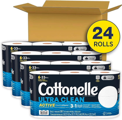 Cottonelle Ultra Clean Toilet Paper with Active CleaningRipples, 1-Ply, 24 Family Mega Rolls (4 Packs of 6) (24 Family Mega Rolls = 132 Regular Rolls), 388 Sheets per Roll, Packaging May Vary