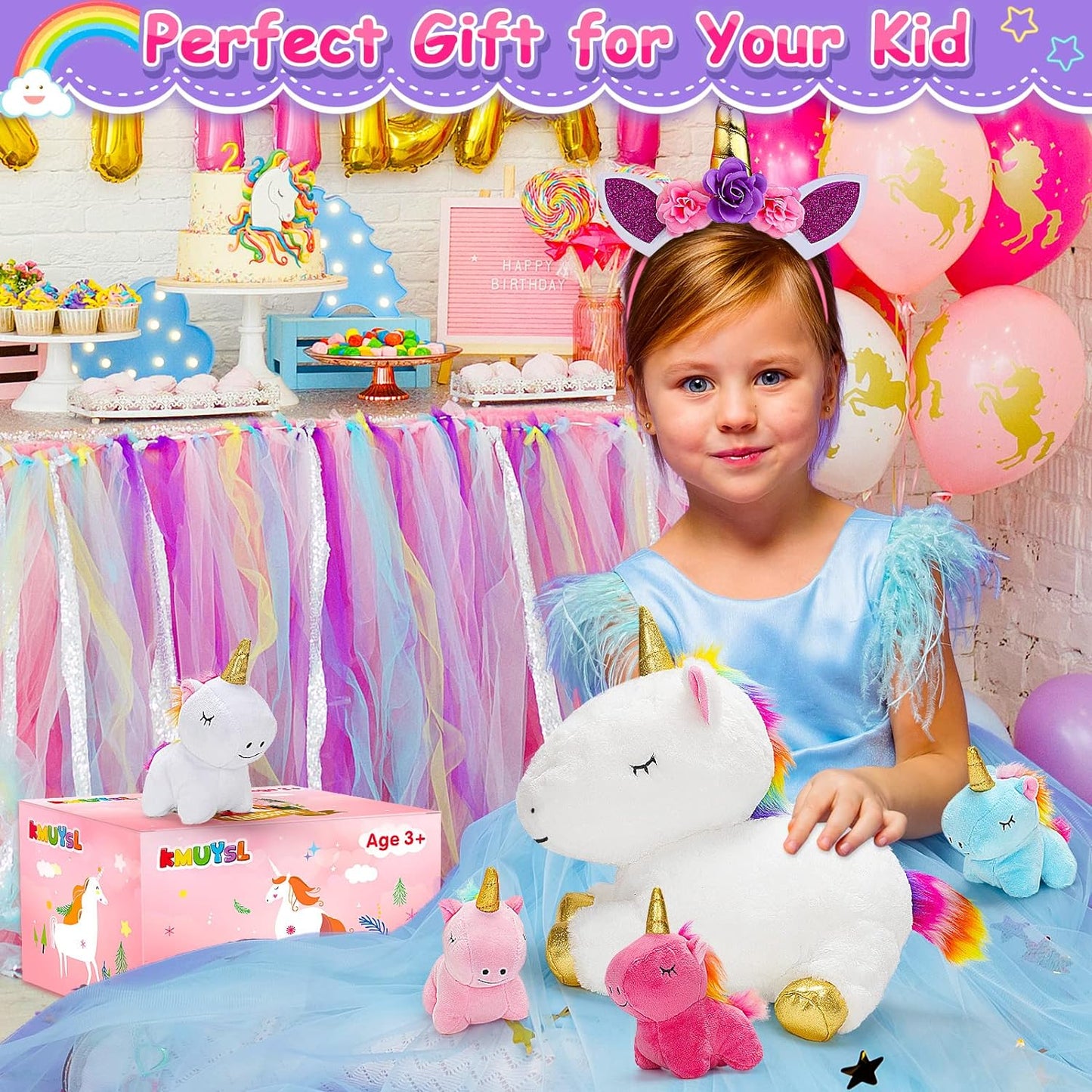 KMUYSL Unicorn Toys for Girls Ages 3 4 5 6 7 8+ Year - Unicorn Mommy Stuffed Animal with 4 Baby Unicorns in Her Tummy, Valentines and Birthday Gifts, Soft Plush Set for Baby, Toddler, Kids