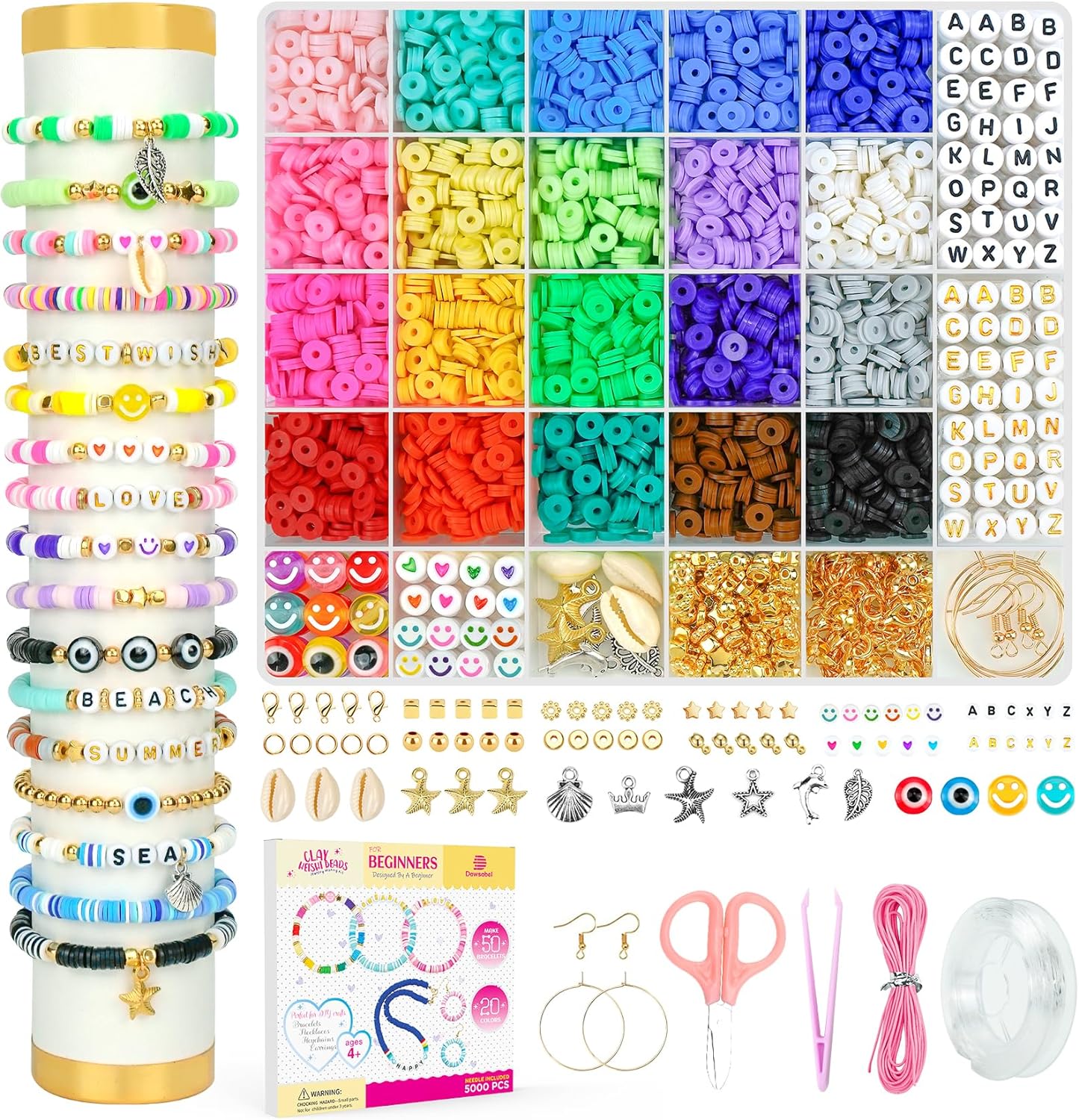 Dowsabel Clay Beads Bracelet Making Kit for Beginner, 5000Pcs Heishi Flat Preppy Polymer Clay Beads with Charms Kit for Jewelry Making, DIY Arts and Crafts Birthday Gifts Toys for Kids Age 6-12