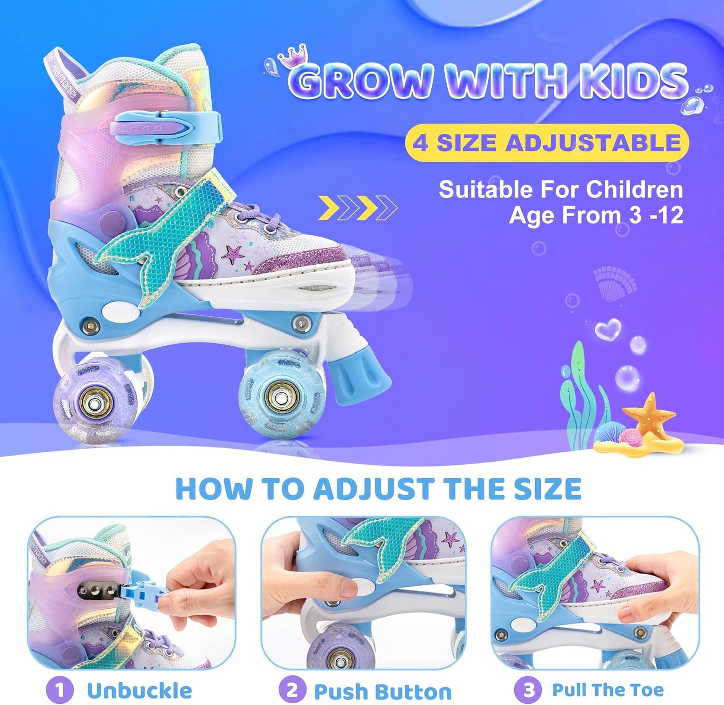 NEMONE Mermaid or Bunny Strawberry 4 Size Adjustable Light up Roller Skates for Girls, Purple Blue Skates for Toddlers, Beginner Kids Roller Skates Indoor Outdoor