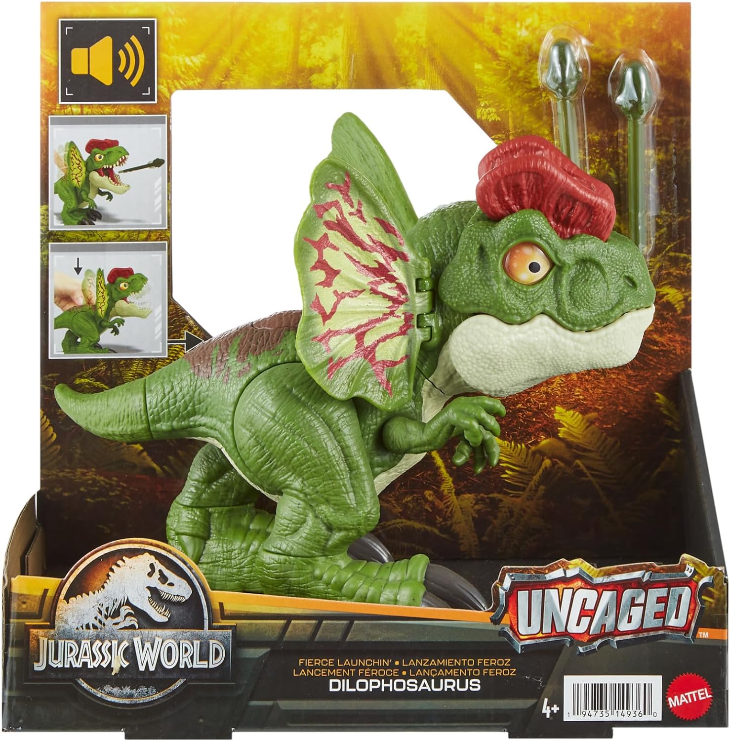 Mattel Jurassic World Toys Dinosaur Toy, Uncaged Fierce Launchin Dilophosaurus Figure with Dart Style Shooting Action, Sound, 2 Projectiles