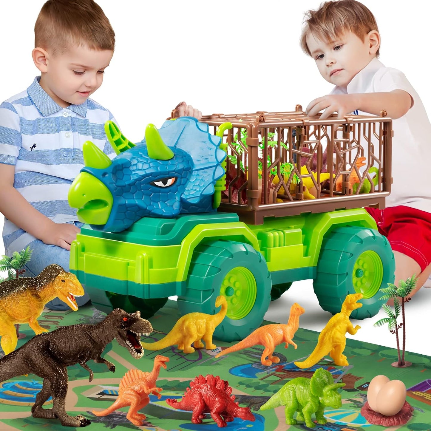 TEMI Dinosaur Toys for Toddlers Kids 3-5, Triceratops Transport Car Carrier Truck with 8 Dino Figures, Play Mat, Dino Eggs and Trees, Capture Jurassic Dinosaurs Play Set for Boys and Girls
