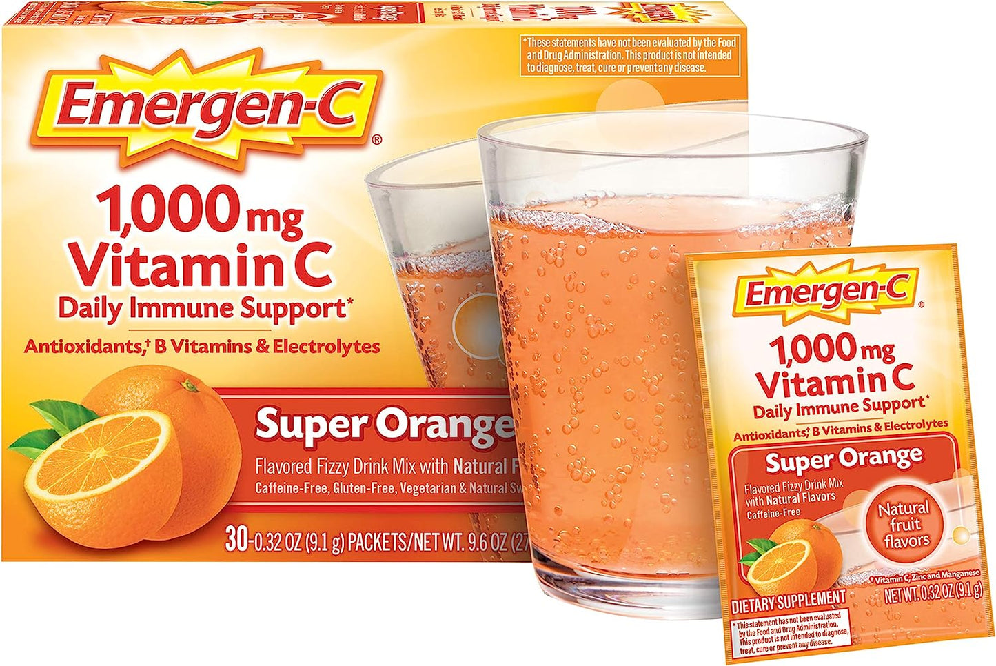 Emergen-C 1000mg Vitamin C Powder for Daily Immune Support Caffeine Free Vitamin C Supplements with Zinc and Manganese, B Vitamins and Electrolytes, Super Orange Flavor - 30 Count