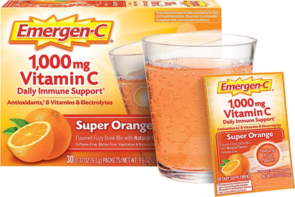 Emergen-C 1000mg Vitamin C Powder for Daily Immune Support Caffeine Free Vitamin C Supplements with Zinc and Manganese, B Vitamins and Electrolytes, Super Orange Flavor - 30 Count