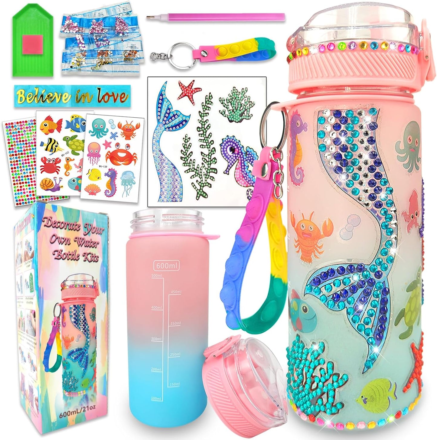 EDsportshouse Decorate Your Own Water Bottle Kits for Girls Age 4-6-8-10,Mermaid Gem Diamond Painting Crafts,Fun Arts and Crafts Gifts Toys for Girls Birthday Christmas(Mermaid)