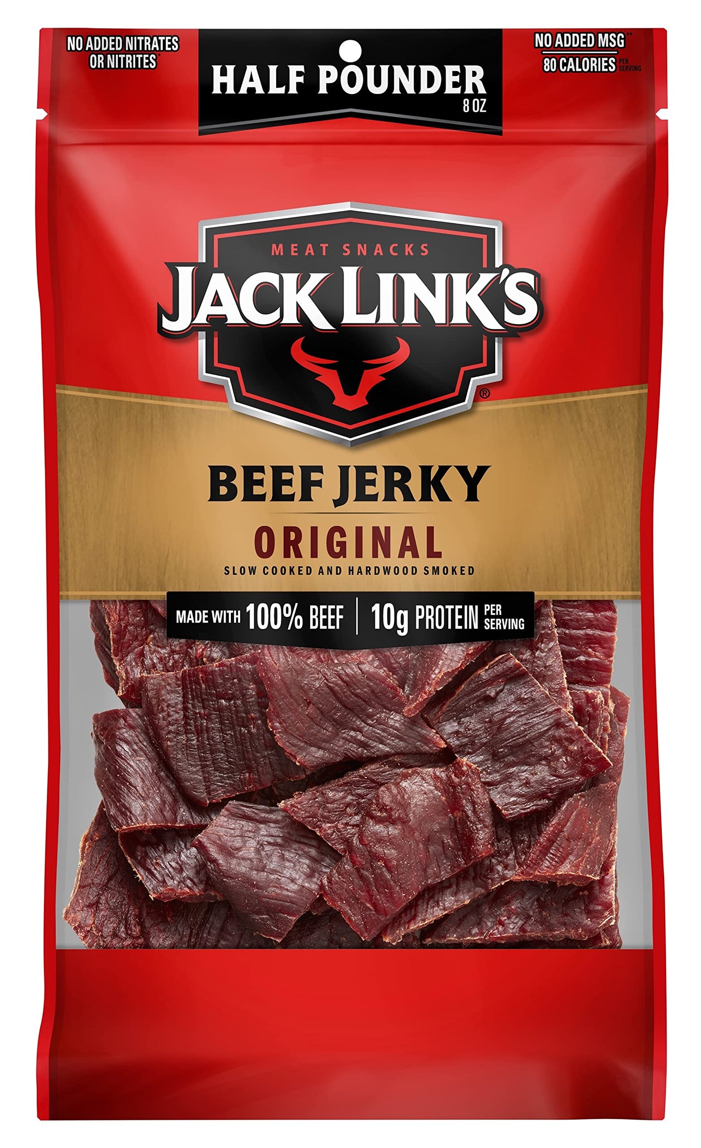 Jack Link's Beef Jerky, Original, 1/2 Pounder Bag - Flavorful Meat Snack, 10g of Protein and 80 Calories, Made with Premium Beef - 96% Fat Free, No Added MSG** or Nitrates/Nitrites, 8oz