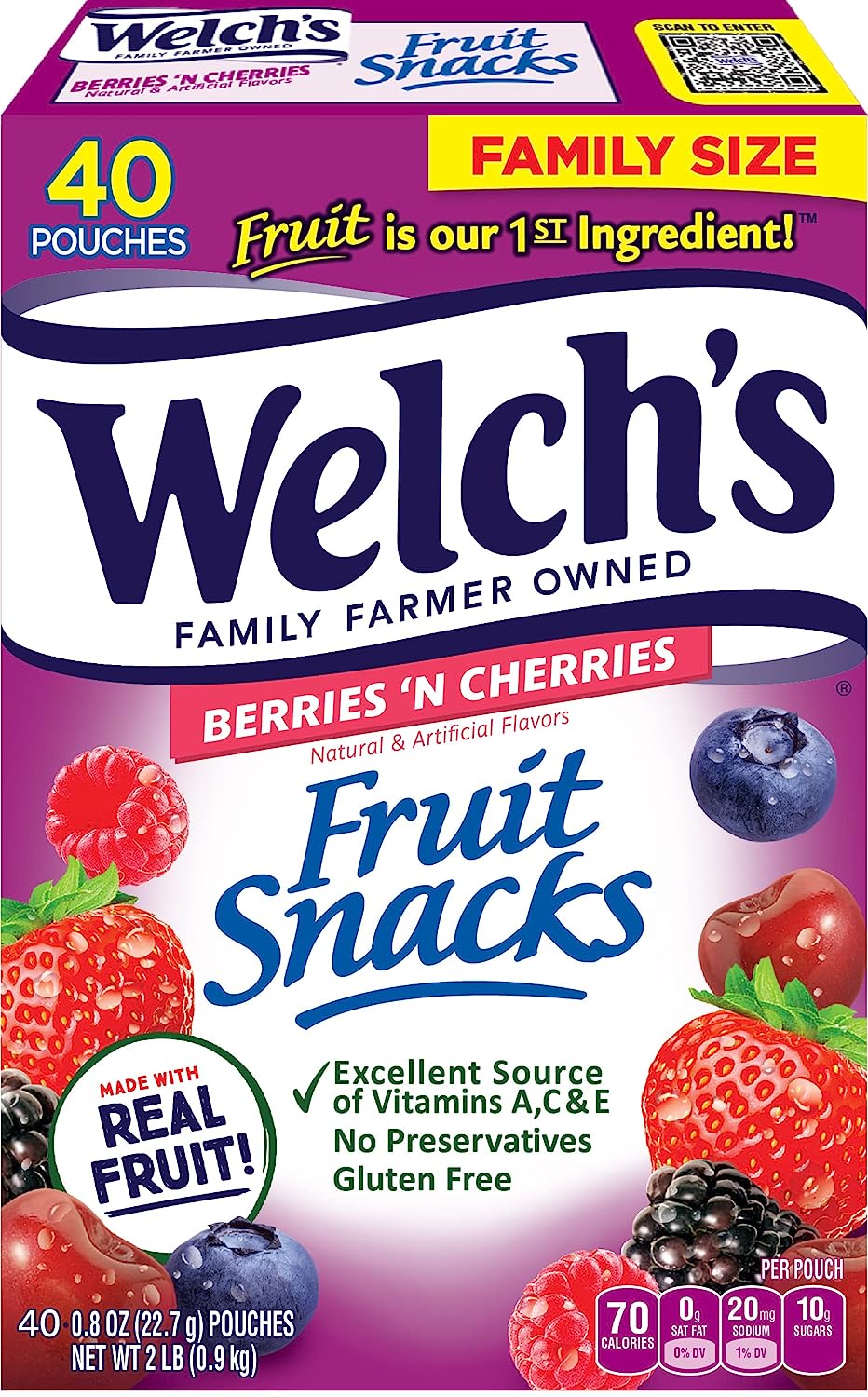 Welch's Fruit Snacks, Berries 'n Cherries, Perfect Stocking Stuffer for Kids, Gluten Free, Bulk Pack, 0.8 Ounce - 40 Count (Pack of 1)