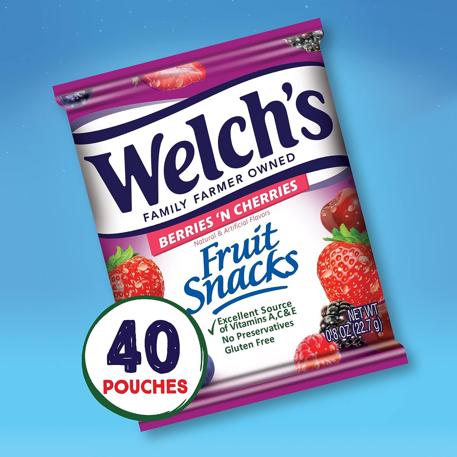 Welch's Fruit Snacks, Berries 'n Cherries, Perfect Stocking Stuffer for Kids, Gluten Free, Bulk Pack, 0.8 Ounce - 40 Count (Pack of 1)