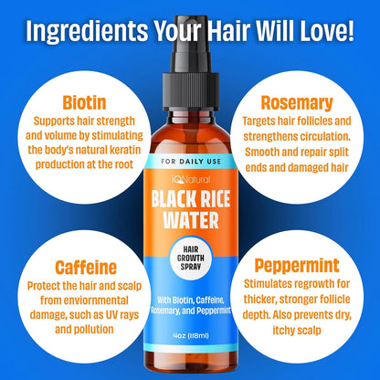 IQ Natural Rice Water for Hair Growth Spray, Rosemary Water Spray for Hair Growth, Rosemary Oil Black Rice Water Spray Hair Growth Women, Biotin Spray for Hair Growth, Hydrating Hair Mist - 4oz