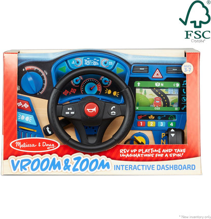 Melissa & Doug Vroom & Zoom Interactive Wooden Dashboard Steering Wheel Pretend Play Driving Toy - Kids Activity Board, Toddler Sensory Toys For Ages 3+