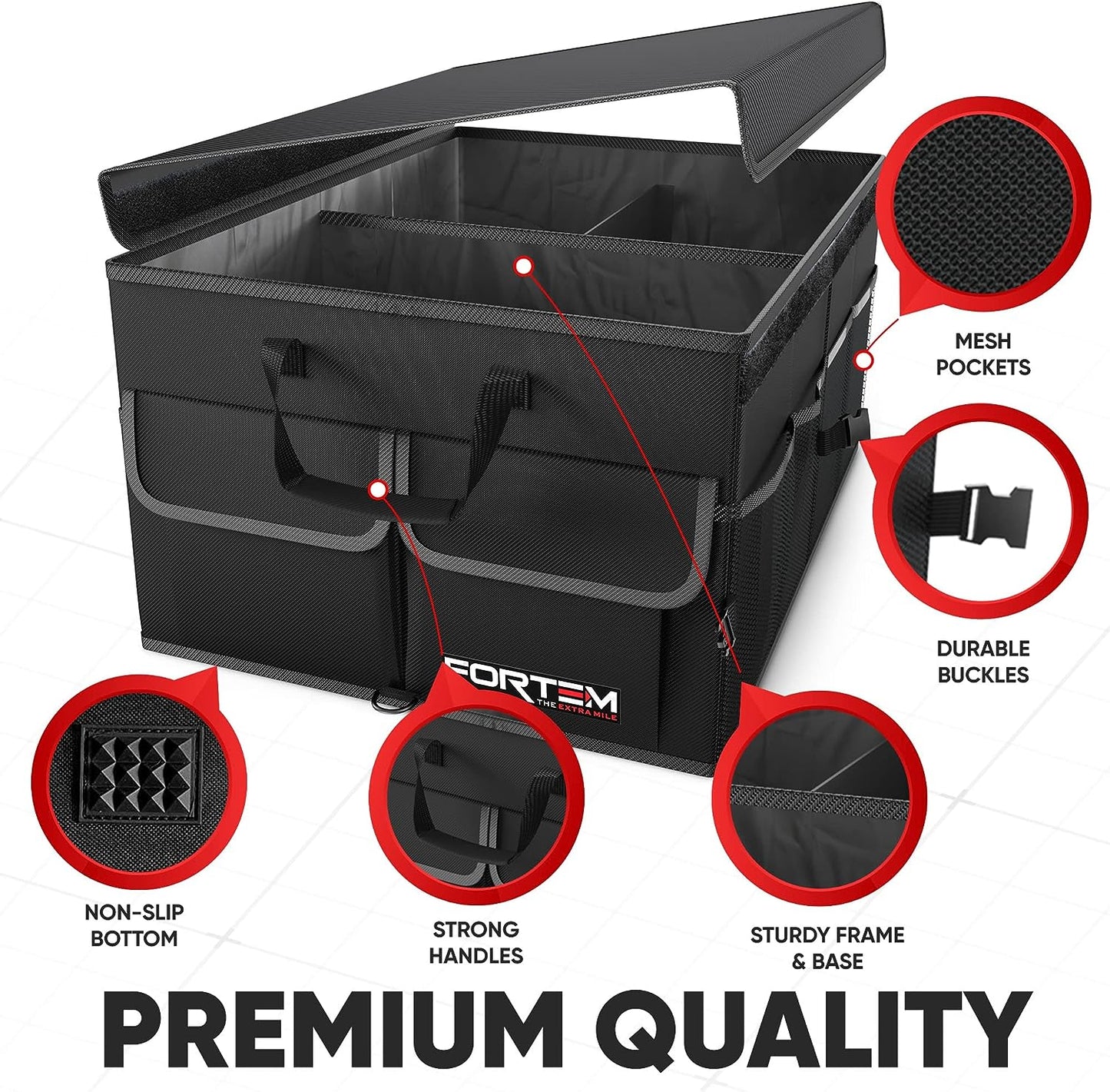 FORTEM Car Storage Organizer, Collapsible Multi Compartment SUV Trunk Organizer, Non Slip Bottom, Adjustable Securing Straps, Foldable Cover (Black, Standard Size)