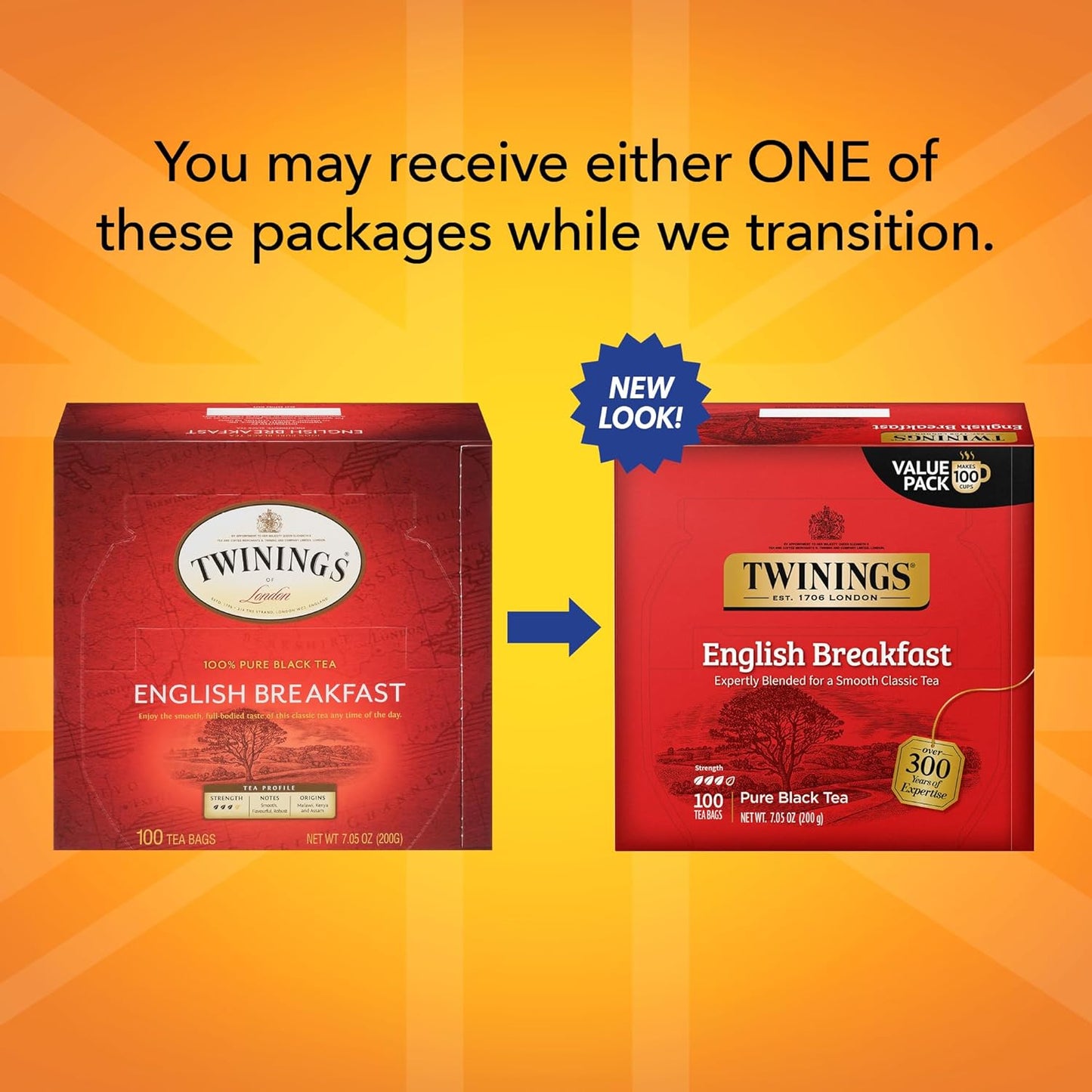 Twinings English Breakfast Black Tea, 100 Individually Wrapped Tea Bags, Smooth, Flavourful, Robust, Caffeinated