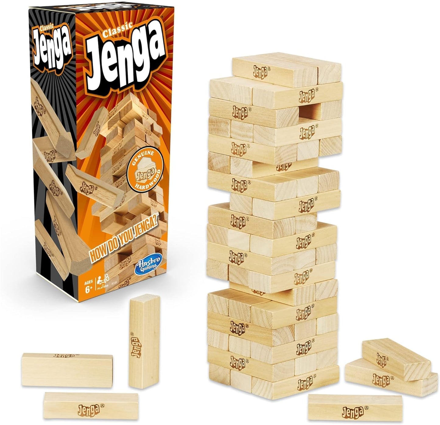 Jenga Classic Game with Genuine Hardwood Blocks, Stacking Tower Game for 1 or More Players, Kids Ages 6 and Up