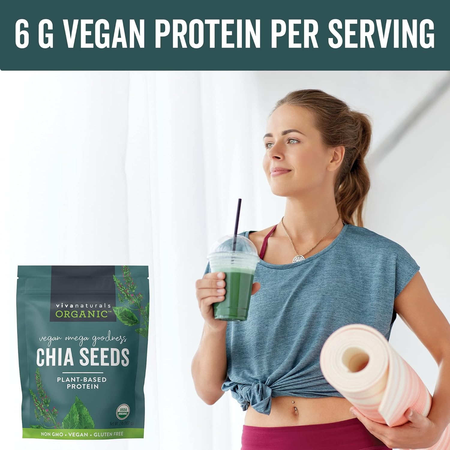 Viva Naturals Organic Chia Seeds - Plant-Based Omegas 3 and Vegan Protein, Perfect for Smoothies, Salads and Chia Puddings, Certified Non-GMO and USDA Organic, 2 lb (907 g)